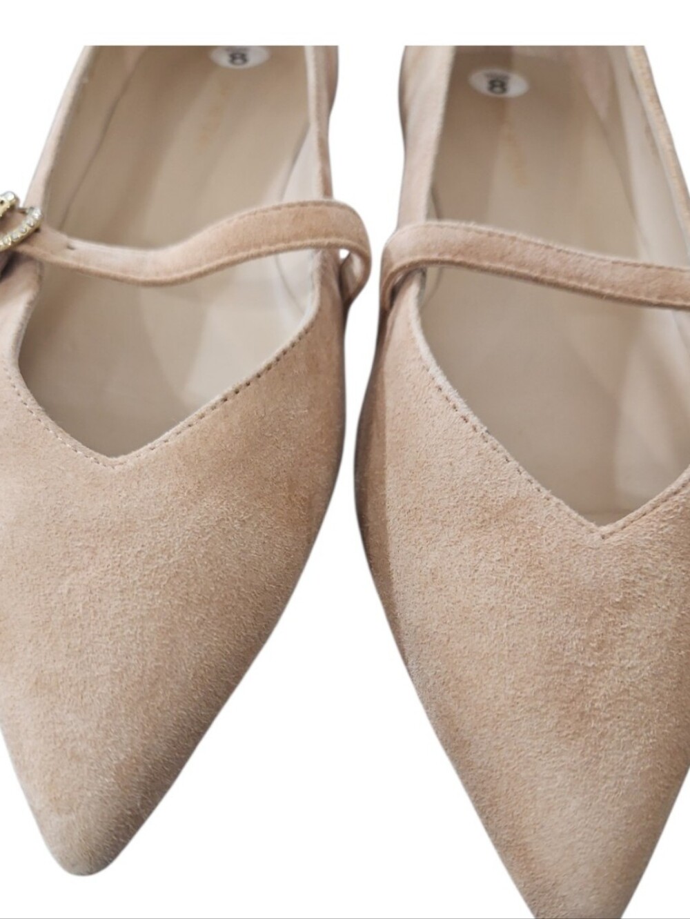 Stuart Weitzman Adobe Suede Crystal Mary Jane Pointed Toe Flats 8 - Picture 5 of 11